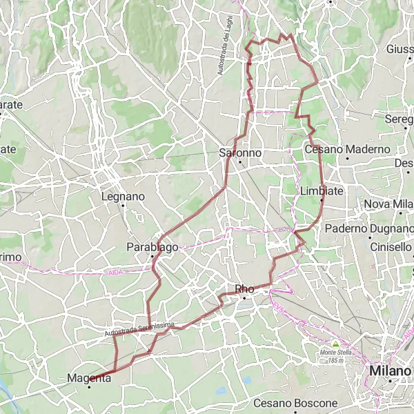 Mapa miniatúra "Gravel route via Arluno, Parabiago, Rovellasca, Bregnano, Limbiate, Arese and Magenta" cyklistická inšpirácia v Lombardia, Italy. Vygenerované cyklistickým plánovačom trás Tarmacs.app