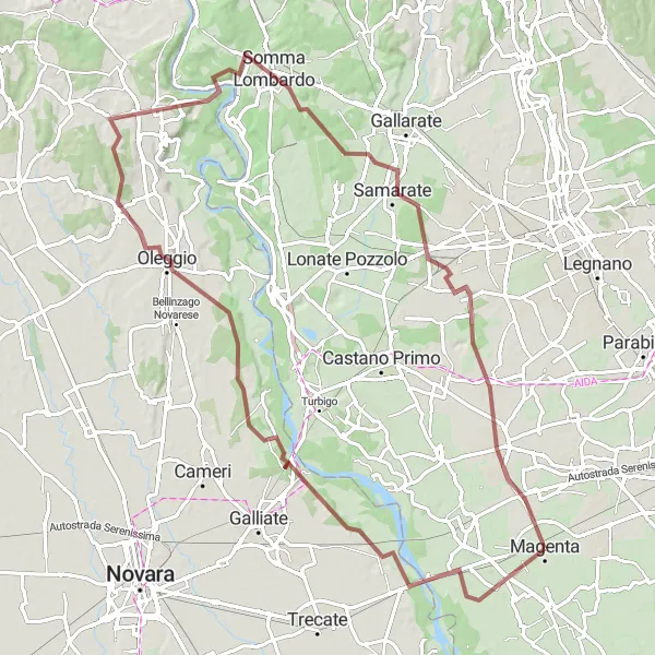 Miniaturní mapa "Gravelová cyklotrasa Ponte Vecchio-Inveruno" inspirace pro cyklisty v oblasti Lombardia, Italy. Vytvořeno pomocí plánovače tras Tarmacs.app