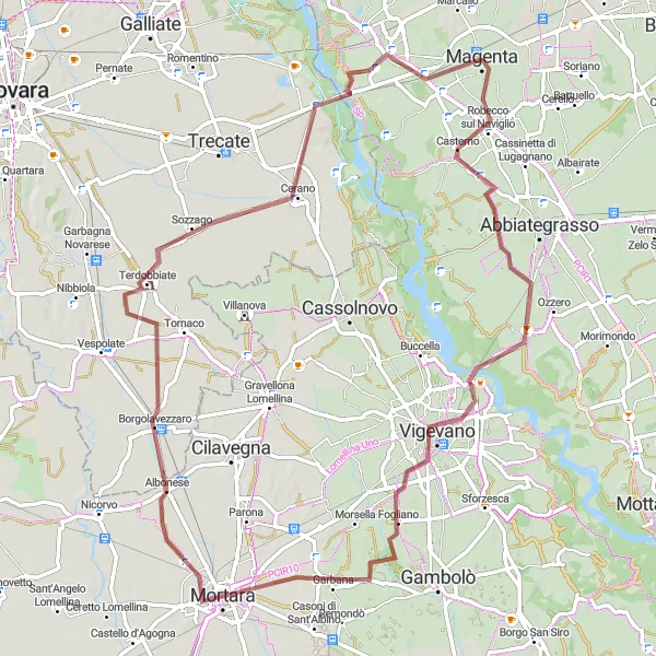 Miniatura della mappa di ispirazione al ciclismo "Tour Gravel tra Robecco sul Naviglio e Magenta" nella regione di Lombardia, Italy. Generata da Tarmacs.app, pianificatore di rotte ciclistiche