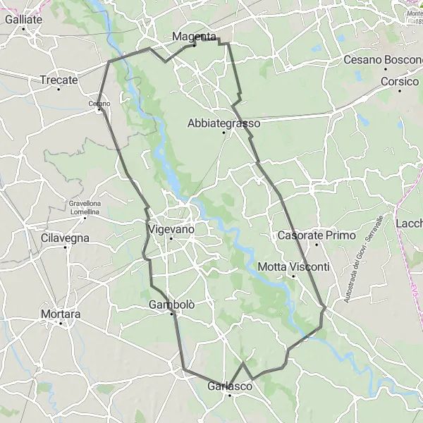 Miniaturní mapa "Okružní cyklistická trasa Corbetta-Garlasco" inspirace pro cyklisty v oblasti Lombardia, Italy. Vytvořeno pomocí plánovače tras Tarmacs.app