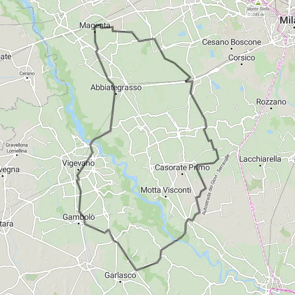 Map miniature of "Magenta to Abbiategrasso Loop" cycling inspiration in Lombardia, Italy. Generated by Tarmacs.app cycling route planner