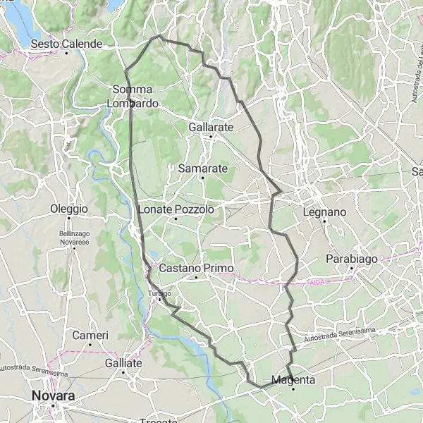 Miniatua del mapa de inspiración ciclista "Ruta en Carretera hacia Magenta y Regreso" en Lombardia, Italy. Generado por Tarmacs.app planificador de rutas ciclistas