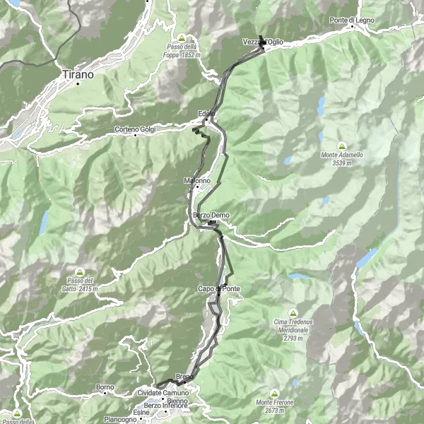 Miniatua del mapa de inspiración ciclista "Ruta de ciclismo de carretera desde Malegno" en Lombardia, Italy. Generado por Tarmacs.app planificador de rutas ciclistas