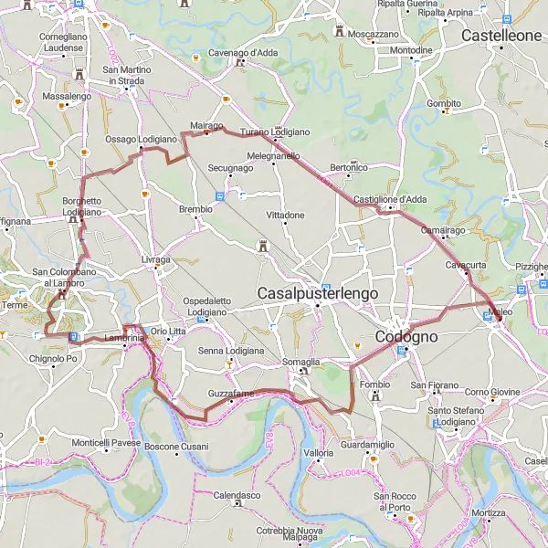 Kartminiatyr av "Grusvei tur til Maleo via Codogno og Guzzafame" sykkelinspirasjon i Lombardia, Italy. Generert av Tarmacs.app sykkelrutoplanlegger