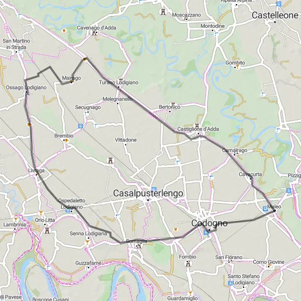 Miniaturní mapa "Okruh přes Mirabello, Mairago a Cavacurta" inspirace pro cyklisty v oblasti Lombardia, Italy. Vytvořeno pomocí plánovače tras Tarmacs.app