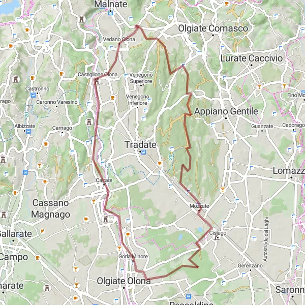 Miniaturní mapa "Gravel Route through Binago, Mozzate, Gorla Minore, Cairate and Vedano Olona" inspirace pro cyklisty v oblasti Lombardia, Italy. Vytvořeno pomocí plánovače tras Tarmacs.app