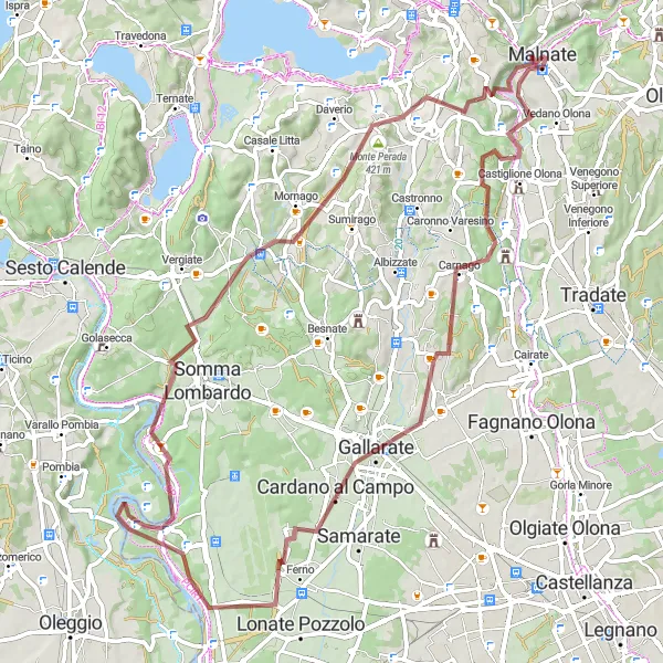 Kartminiatyr av "Grusvei Eventyr rundt Malnate" sykkelinspirasjon i Lombardia, Italy. Generert av Tarmacs.app sykkelrutoplanlegger