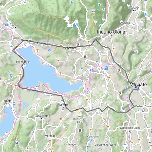 Map miniature of "The Buguggiate Road Ride" cycling inspiration in Lombardia, Italy. Generated by Tarmacs.app cycling route planner
