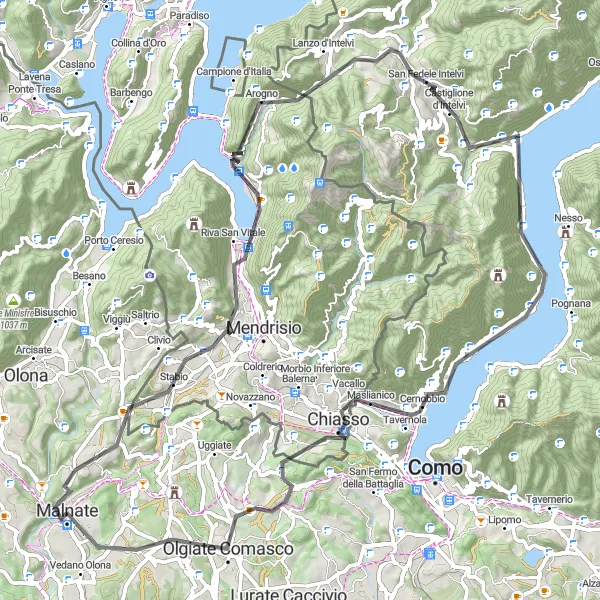 Miniatua del mapa de inspiración ciclista "Ruta escénica por carretera a Brienno y Cernobbio" en Lombardia, Italy. Generado por Tarmacs.app planificador de rutas ciclistas
