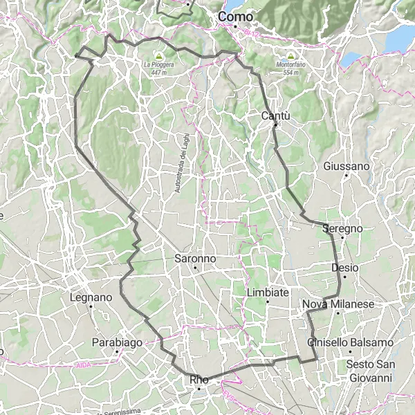 Miniaturekort af cykelinspirationen "Udfordrende landevejsrute gennem smukke landskaber" i Lombardia, Italy. Genereret af Tarmacs.app cykelruteplanlægger