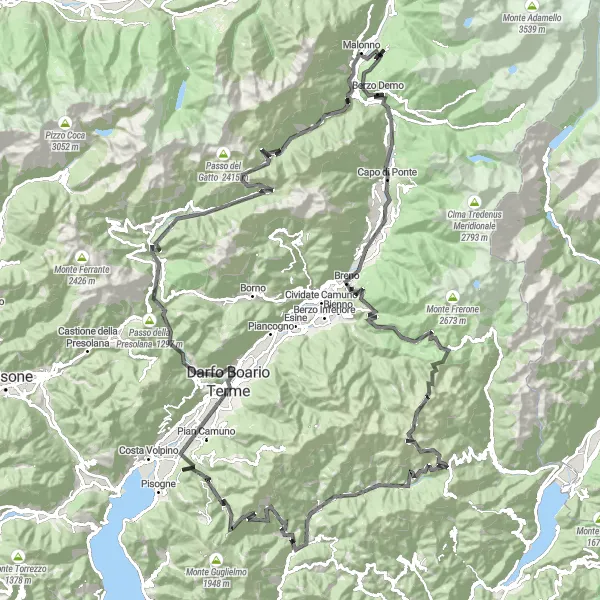 Miniatua del mapa de inspiración ciclista "Ruta de ciclismo de 181 km en carretera cerca de Malonno" en Lombardia, Italy. Generado por Tarmacs.app planificador de rutas ciclistas