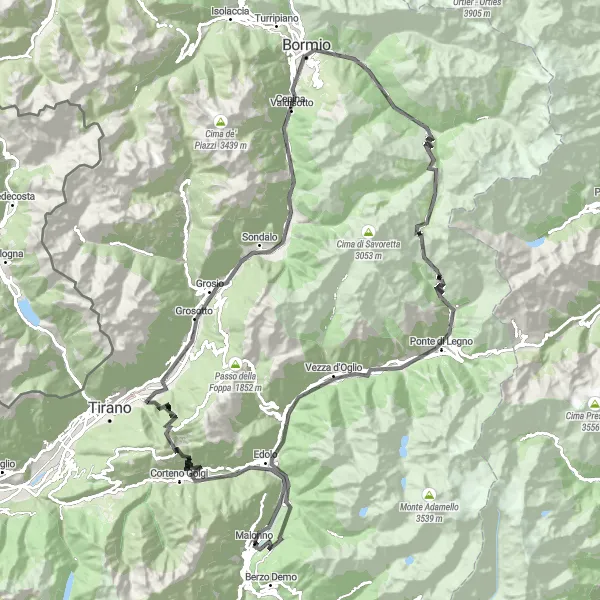 Miniature de la carte de l'inspiration cycliste "Grande Boucle des Alpes Italiennes" dans la Lombardia, Italy. Générée par le planificateur d'itinéraire cycliste Tarmacs.app