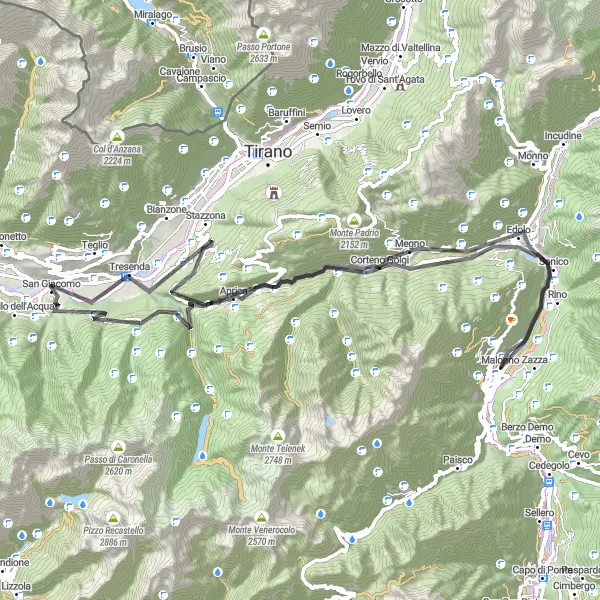 Zemljevid v pomanjšavi "Zabavna kolesarska pot do Passo dell'Aprica" kolesarske inspiracije v Lombardia, Italy. Generirano z načrtovalcem kolesarskih poti Tarmacs.app