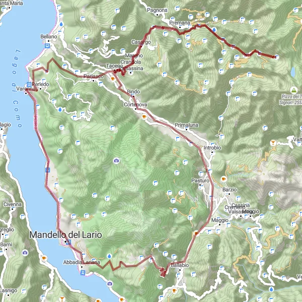 Kartminiatyr av "Utforsk Grusveier rundt Lierna" sykkelinspirasjon i Lombardia, Italy. Generert av Tarmacs.app sykkelrutoplanlegger