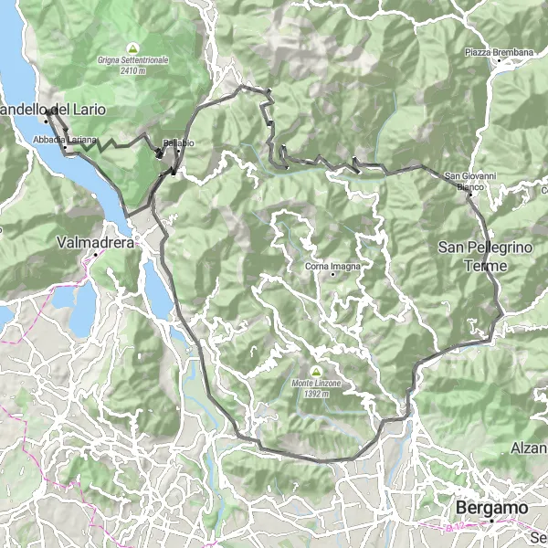 Miniature de la carte de l'inspiration cycliste "Tour panoramique autour de Mandello del Lario" dans la Lombardia, Italy. Générée par le planificateur d'itinéraire cycliste Tarmacs.app