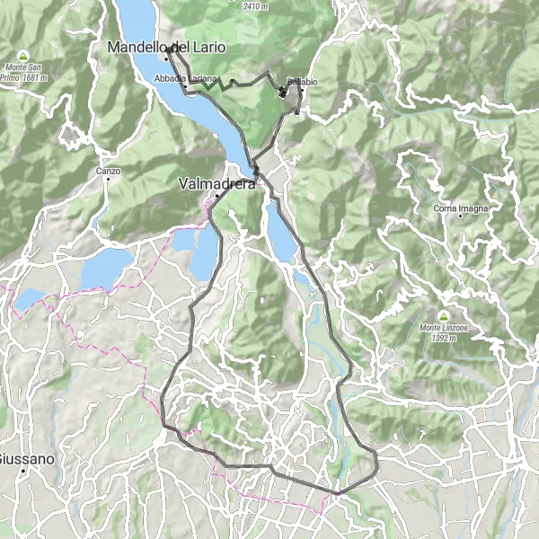 Map miniature of "Scenic Roads and Serene Villages" cycling inspiration in Lombardia, Italy. Generated by Tarmacs.app cycling route planner