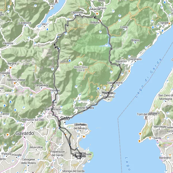 Zemljevid v pomanjšavi "Cestna tura okoli Manerbe del Garda" kolesarske inspiracije v Lombardia, Italy. Generirano z načrtovalcem kolesarskih poti Tarmacs.app