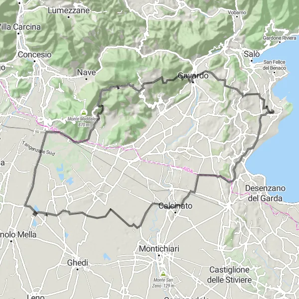 Kartminiatyr av "Landeveissykling til Monte delle Monache fra Manerba del Garda" sykkelinspirasjon i Lombardia, Italy. Generert av Tarmacs.app sykkelrutoplanlegger