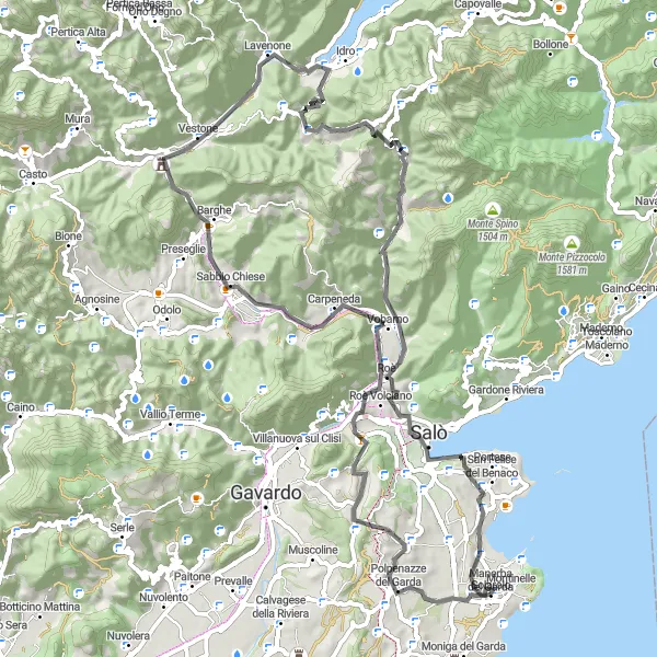 Miniaturní mapa "Okruh kolem Manerba del Garda přes Monte Forca a Monte Bambol" inspirace pro cyklisty v oblasti Lombardia, Italy. Vytvořeno pomocí plánovače tras Tarmacs.app