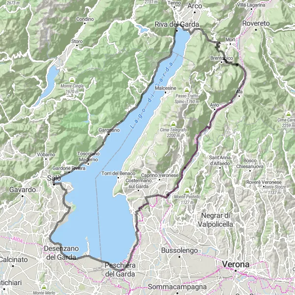 Miniaturní mapa "Okruh kolem Manerba del Garda" inspirace pro cyklisty v oblasti Lombardia, Italy. Vytvořeno pomocí plánovače tras Tarmacs.app