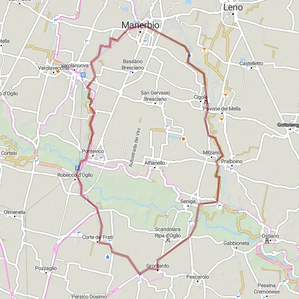 Miniaturní mapa "Gravelová cyklistická trasa kolem Manerbia" inspirace pro cyklisty v oblasti Lombardia, Italy. Vytvořeno pomocí plánovače tras Tarmacs.app