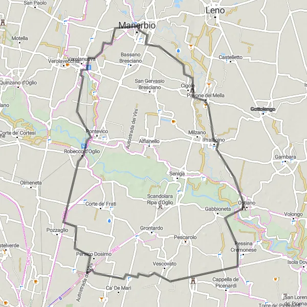 Miniaturní mapa "Prohlídka Pralboina a Verolanuovy" inspirace pro cyklisty v oblasti Lombardia, Italy. Vytvořeno pomocí plánovače tras Tarmacs.app