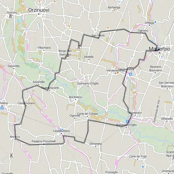 Miniaturní mapa "Okruh kolem Pontevico a Manerbia" inspirace pro cyklisty v oblasti Lombardia, Italy. Vytvořeno pomocí plánovače tras Tarmacs.app