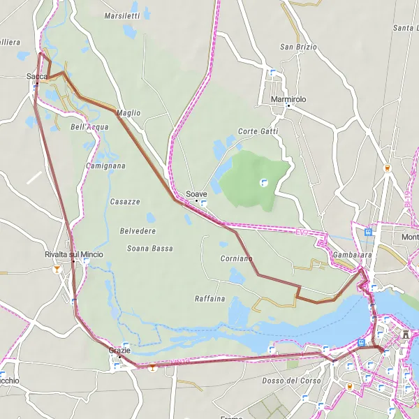 Miniaturní mapa "Gravelový okruh kolem Mantovy a Laghi di Mantova" inspirace pro cyklisty v oblasti Lombardia, Italy. Vytvořeno pomocí plánovače tras Tarmacs.app