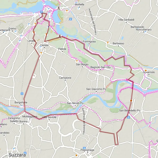 Mapa miniatúra "Gravel okolo Mantovy" cyklistická inšpirácia v Lombardia, Italy. Vygenerované cyklistickým plánovačom trás Tarmacs.app