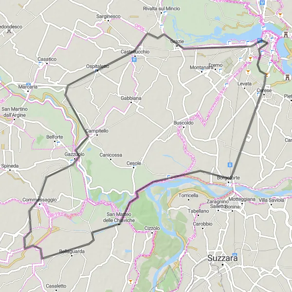 Zemljevid v pomanjšavi "Kolesarska pot okoli Mantove - Cesta" kolesarske inspiracije v Lombardia, Italy. Generirano z načrtovalcem kolesarskih poti Tarmacs.app