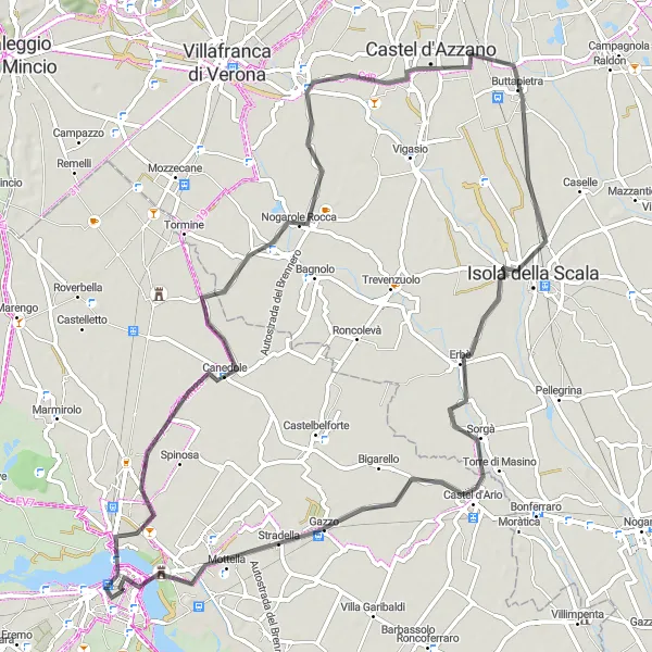 Map miniature of "Road Cycling Exploration around Mantova" cycling inspiration in Lombardia, Italy. Generated by Tarmacs.app cycling route planner