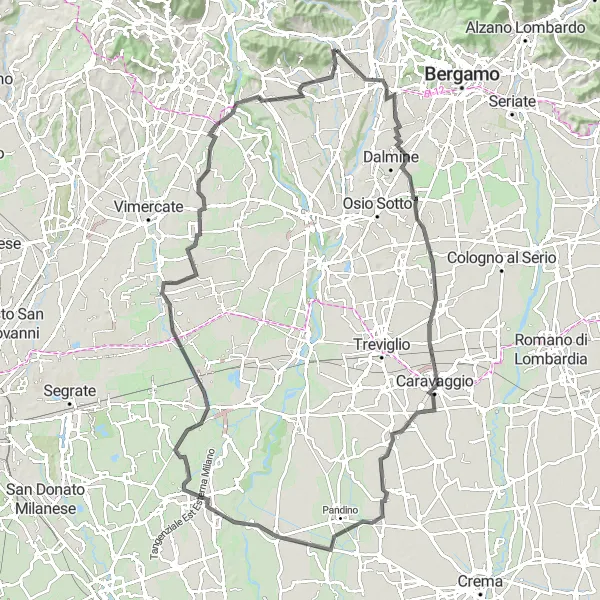 Miniatura della mappa di ispirazione al ciclismo "Attraverso le Colline Lombardi" nella regione di Lombardia, Italy. Generata da Tarmacs.app, pianificatore di rotte ciclistiche