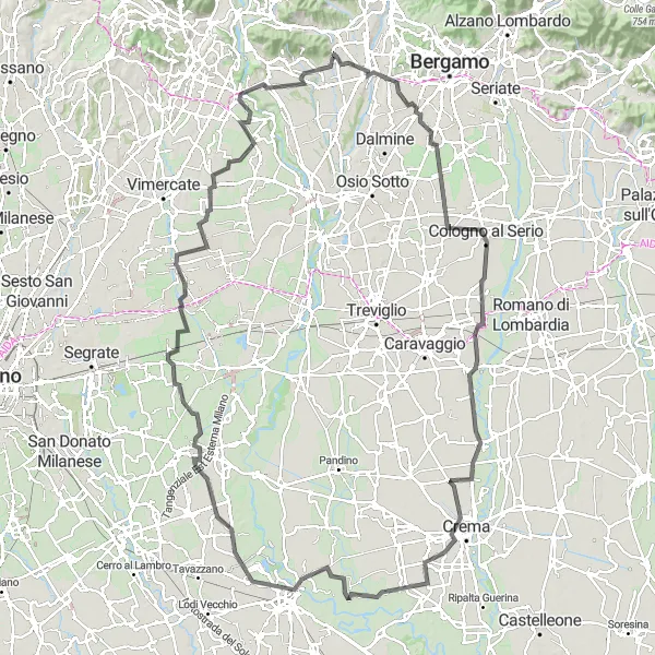 Kartminiatyr av "Lodi og Adda-dalen Eventyr" sykkelinspirasjon i Lombardia, Italy. Generert av Tarmacs.app sykkelrutoplanlegger