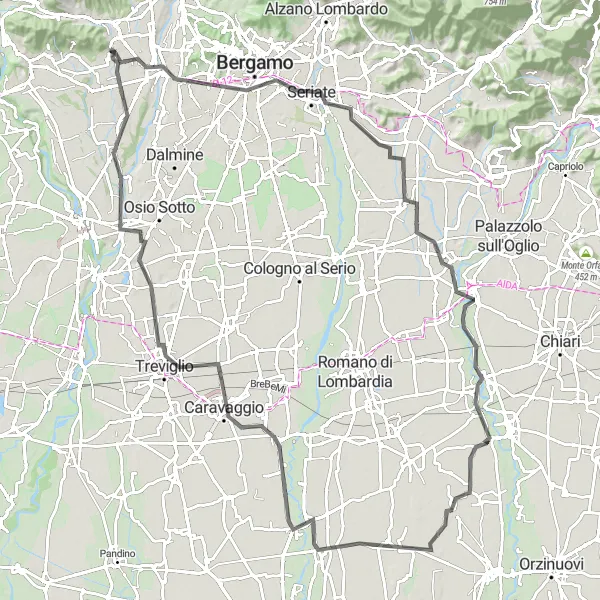 Miniaturní mapa "Okružní cesta Seriate - Bonate Sotto" inspirace pro cyklisty v oblasti Lombardia, Italy. Vytvořeno pomocí plánovače tras Tarmacs.app