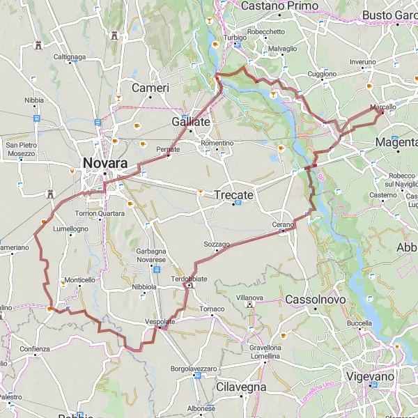 Miniatua del mapa de inspiración ciclista "Ruta de grava a través de Vespolate y Galliate" en Lombardia, Italy. Generado por Tarmacs.app planificador de rutas ciclistas