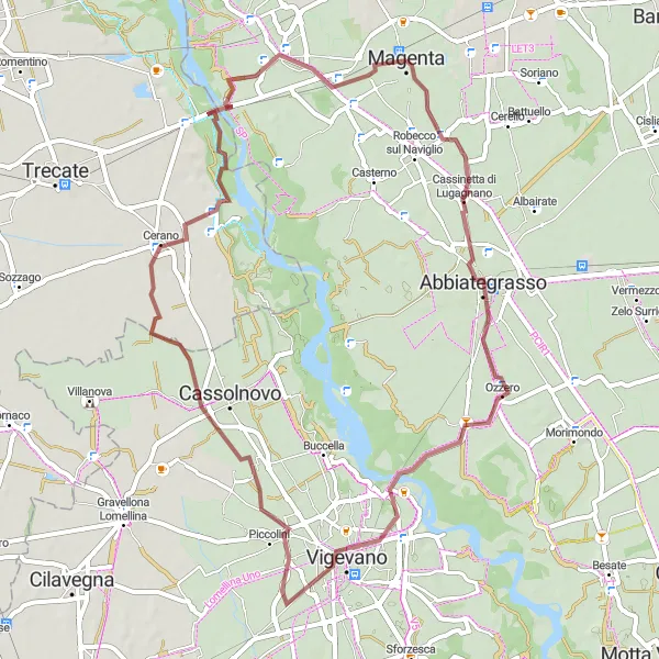 Map miniature of "Gravel Adventure from Marcallo to Abbiategrasso and Magenta" cycling inspiration in Lombardia, Italy. Generated by Tarmacs.app cycling route planner