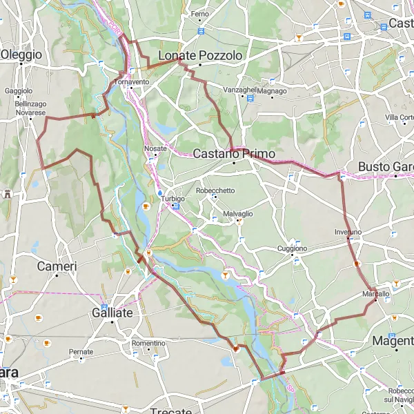 Map miniature of "Challenging Gravel Route from Marcallo to Arconate and Casone" cycling inspiration in Lombardia, Italy. Generated by Tarmacs.app cycling route planner