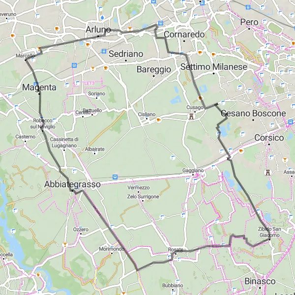 Zemljevid v pomanjšavi "Assiano - Robecco sul Naviglio" kolesarske inspiracije v Lombardia, Italy. Generirano z načrtovalcem kolesarskih poti Tarmacs.app