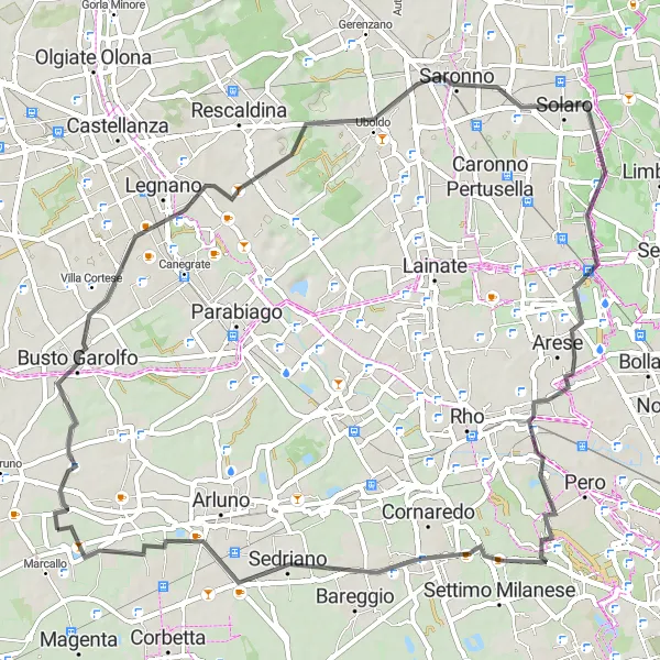 Kartminiatyr av "Landsvägscykling till Busto Garolfo" cykelinspiration i Lombardia, Italy. Genererad av Tarmacs.app cykelruttplanerare