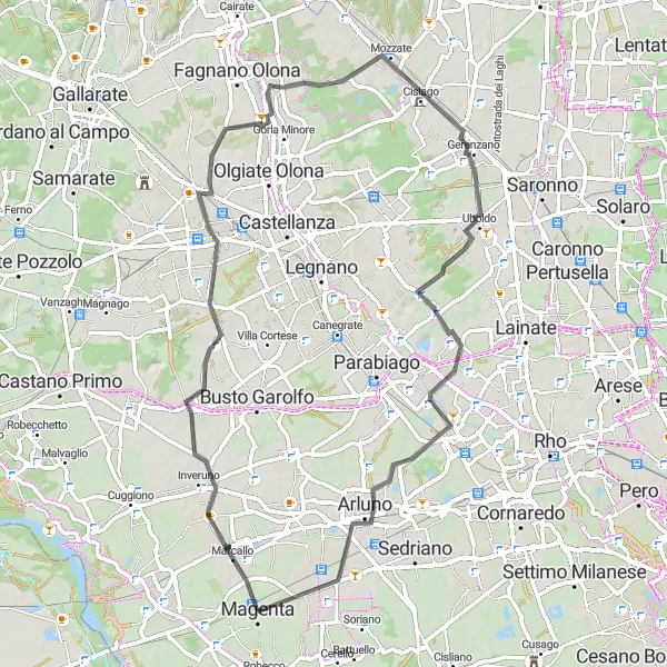 Miniatua del mapa de inspiración ciclista "Ruta en carretera a través de Arconate y Magenta" en Lombardia, Italy. Generado por Tarmacs.app planificador de rutas ciclistas