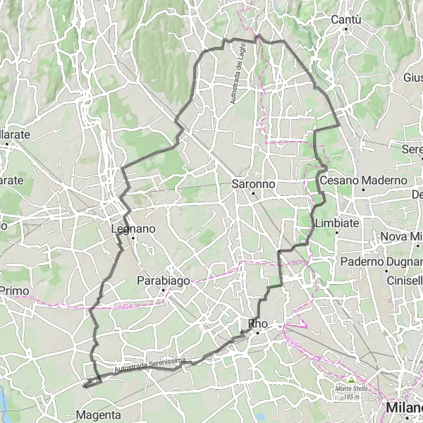 Miniatua del mapa de inspiración ciclista "Desafiante ruta de ciclismo por carretera cerca de Marcallo" en Lombardia, Italy. Generado por Tarmacs.app planificador de rutas ciclistas