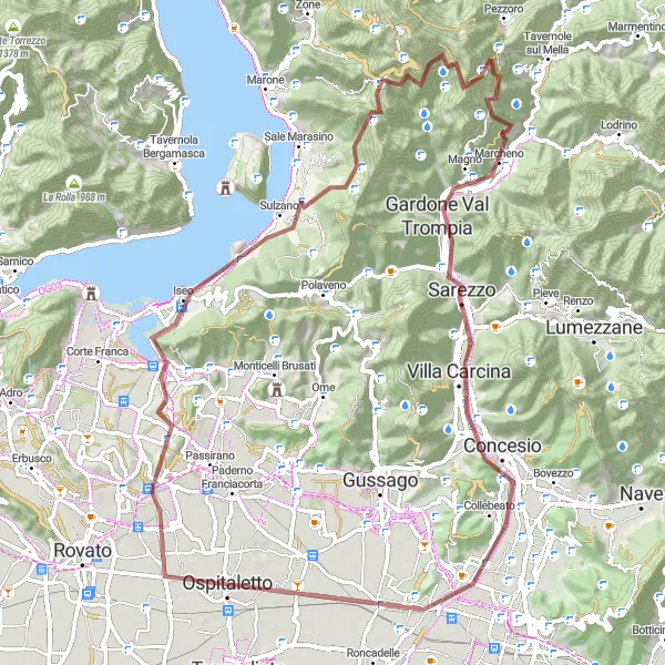 Zemljevid v pomanjšavi "Kolesarska pot preko hribovite pokrajine ob jezeru Iseo" kolesarske inspiracije v Lombardia, Italy. Generirano z načrtovalcem kolesarskih poti Tarmacs.app