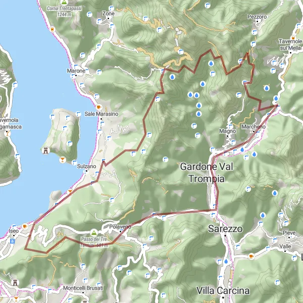 Map miniature of "Marcheno to Sulzano Gravel Cycling Route" cycling inspiration in Lombardia, Italy. Generated by Tarmacs.app cycling route planner