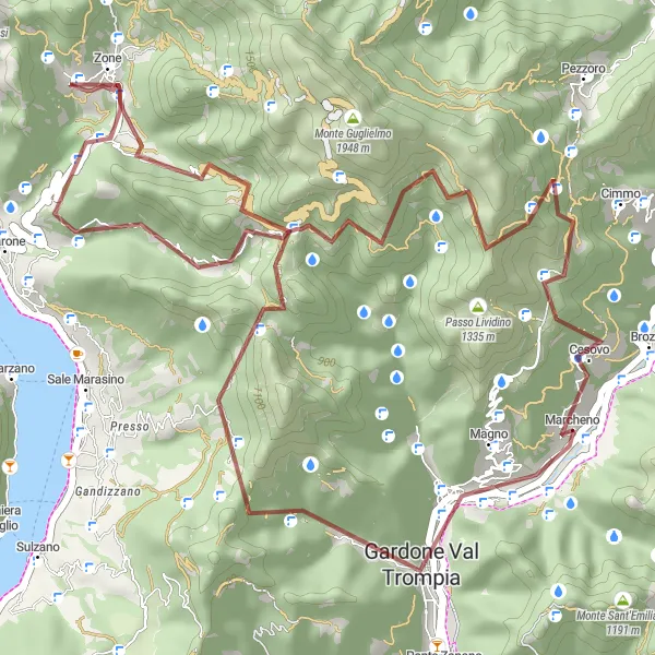 Map miniature of "Marcheno to Punta Cabrera Gravel Cycling Route" cycling inspiration in Lombardia, Italy. Generated by Tarmacs.app cycling route planner