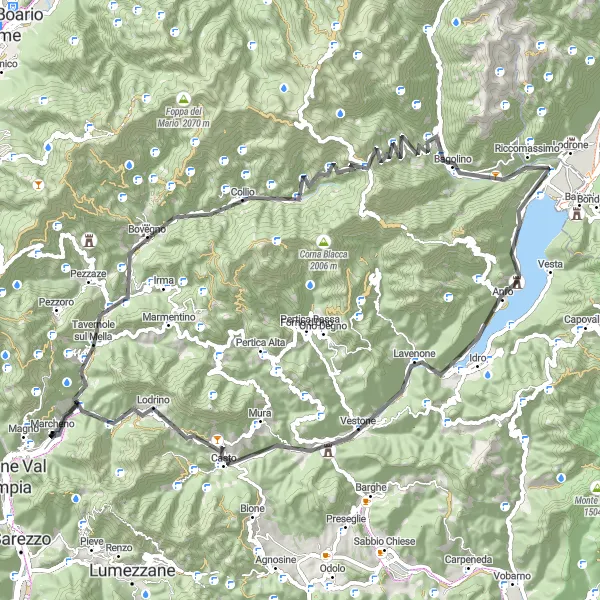 Kartminiatyr av "Opplev Monte Crestole og Brozzo på landeveiene" sykkelinspirasjon i Lombardia, Italy. Generert av Tarmacs.app sykkelrutoplanlegger
