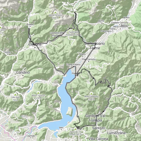 Mapa miniatúra "Okruh cez Lombardiu" cyklistická inšpirácia v Lombardia, Italy. Vygenerované cyklistickým plánovačom trás Tarmacs.app