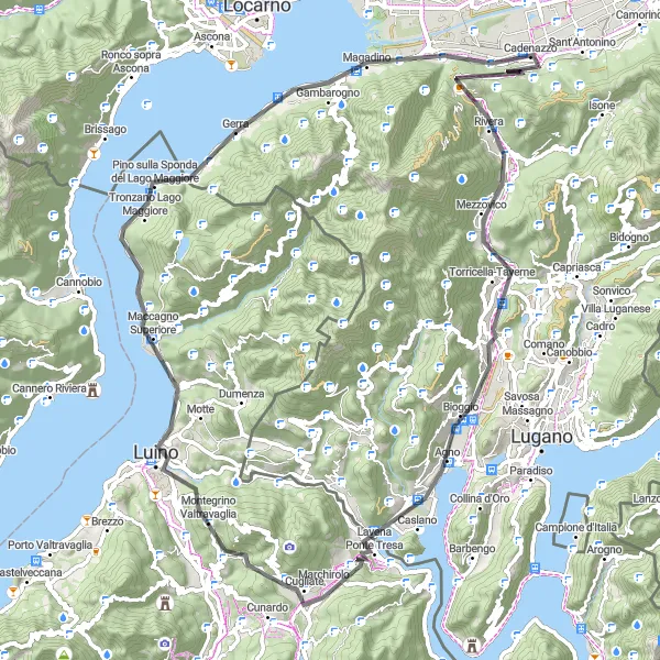 Miniatura della mappa di ispirazione al ciclismo "Ruota intorno al Lago Maggiore e Monte Ceneri" nella regione di Lombardia, Italy. Generata da Tarmacs.app, pianificatore di rotte ciclistiche