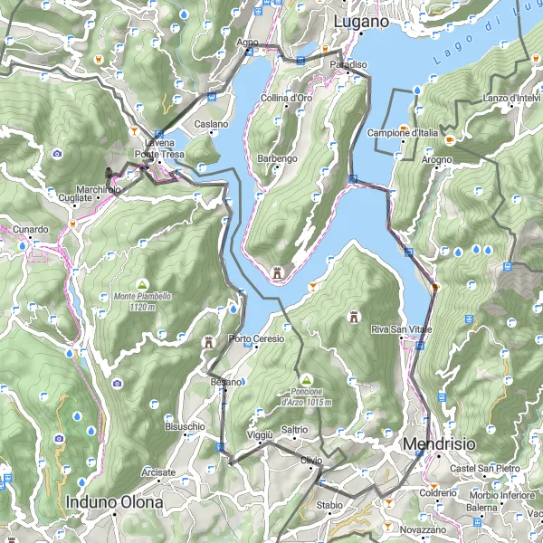 Miniatua del mapa de inspiración ciclista "Excursión a Monte San Salvatore y Monte Caslano" en Lombardia, Italy. Generado por Tarmacs.app planificador de rutas ciclistas