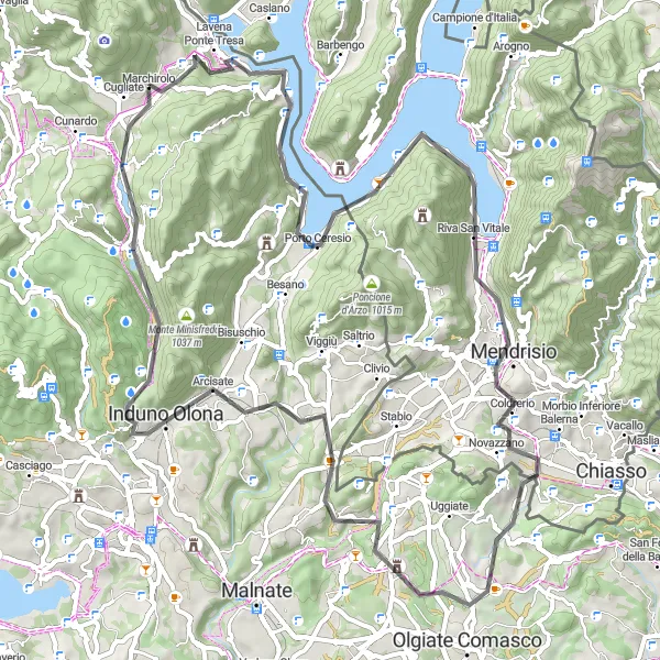 Miniature de la carte de l'inspiration cycliste "Parcours panoramique autour de Monte Caslano et Arcisate" dans la Lombardia, Italy. Générée par le planificateur d'itinéraire cycliste Tarmacs.app