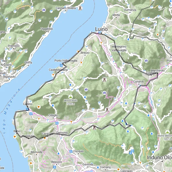 Mapa miniatúra "Okruh cez oblast Marchirolo" cyklistická inšpirácia v Lombardia, Italy. Vygenerované cyklistickým plánovačom trás Tarmacs.app